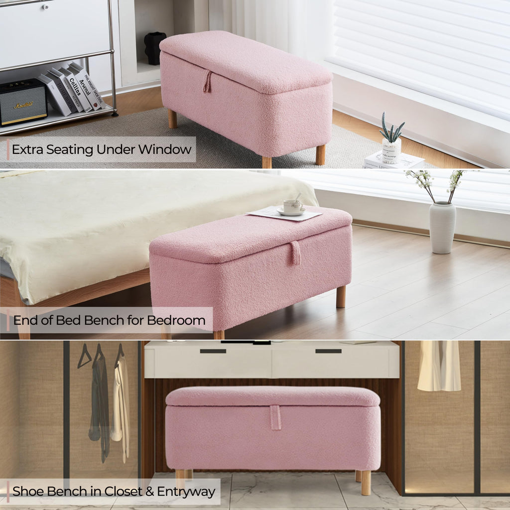 Boucle Storage Ottoman Bench end of Bed, Sherpa Upholstered Shoe Seat Storage Bench Bed Foot, Rectangle Cushion