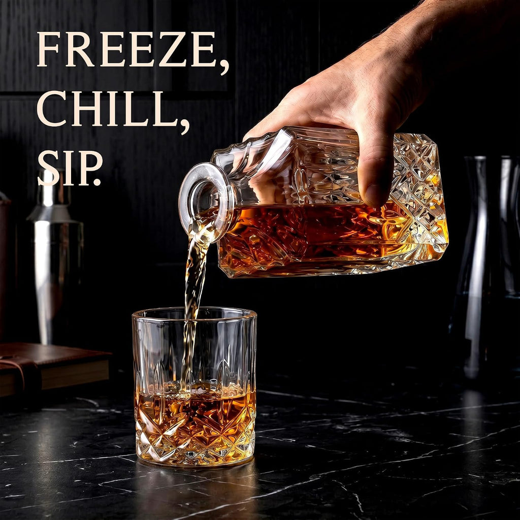 Ry Whiskey Decanter Gift Set - 25oz Crystal Decanter, 4 Old-Fashioned Glasses, 4 Slate Coasters with Diamond Pattern - Set of 9