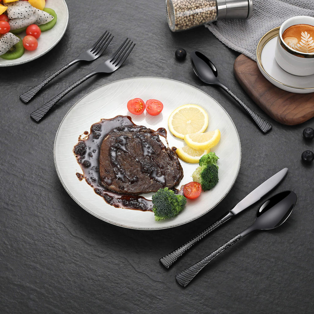 Hammered Black Silverware Set,20 Piece Modern Flatware Set Service for 4,Mirror Polished Stainless Steel Cutlery Set