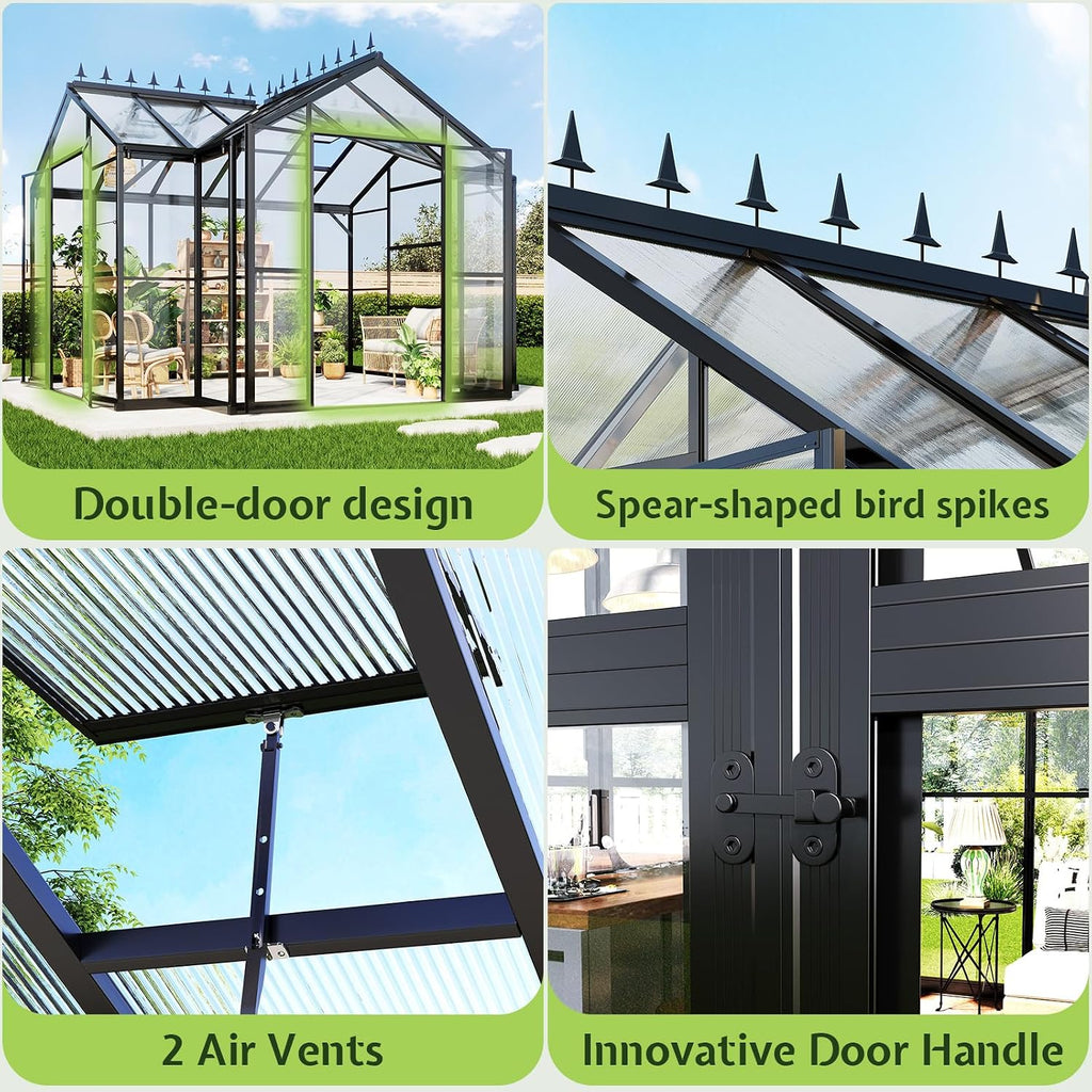 12 x 10 x 8-Ft Hybrid Polycarbonate Greenhouse | Quick-Connect Aluminum Frame, Dual Roof Vents, Double Doors