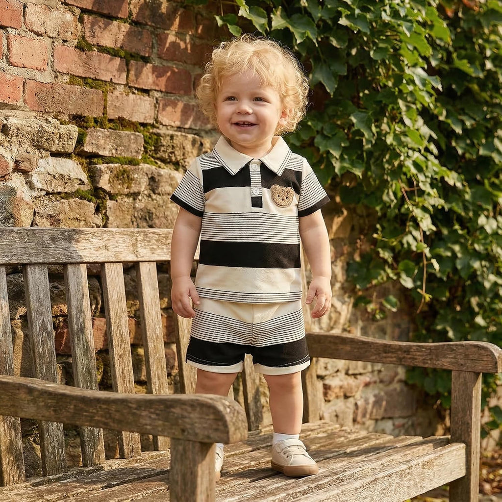 Toddler Baby Boy Summer 2 Piece Bear Outfits Color Block Striped Short Sleeve Button Collared Shirt Shorts Set