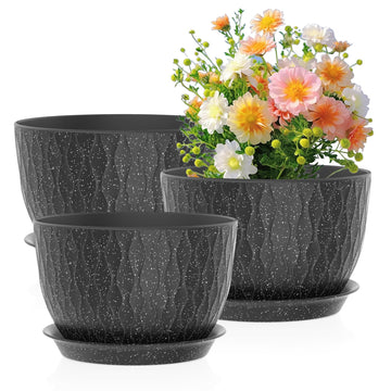 12/10/9 inch Large Flower Pots, 3 Set Big Plant Pots for Outdoor Indoor Plants with Water Ripples, Wide Plastic