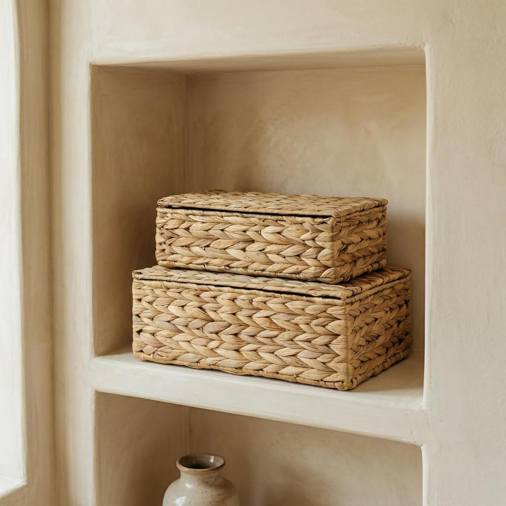 Decorative Storage Boxes with Lids Wicker Organizer Shelf Bins - Set of 2