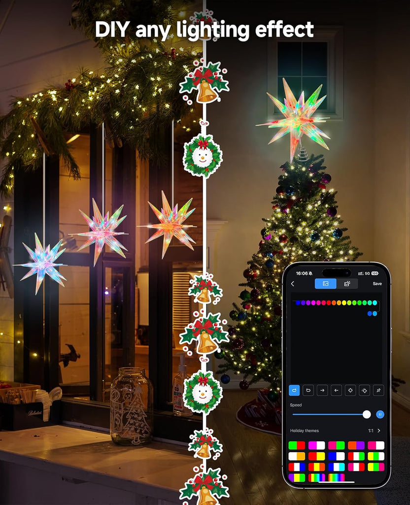 Christmas Tree Topper, 11.8" Star Tree Topper Decorations with App and Remote Control, 3D Fantasy Colors Xmas Decor