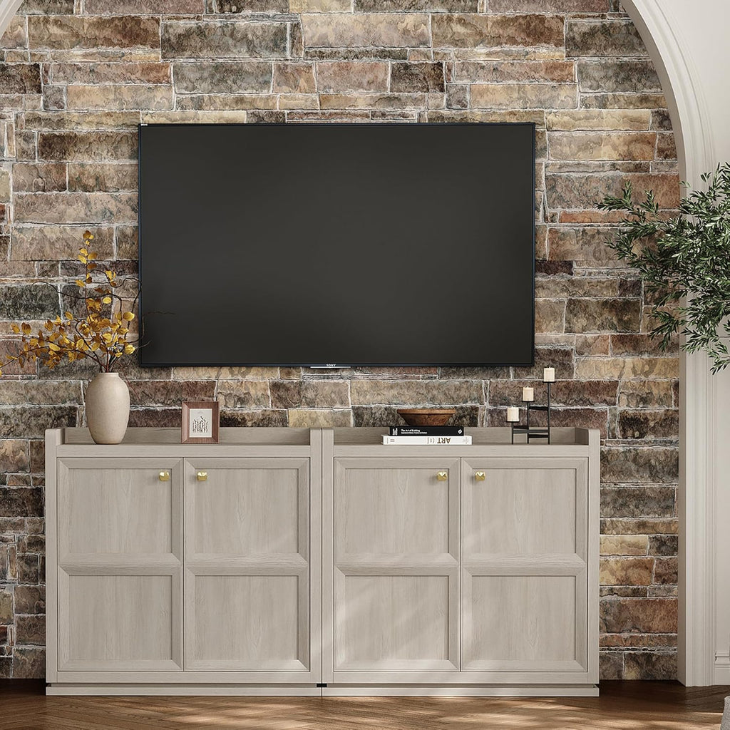 Sideboard Buffet Cabinet with 4 Doors & Shelves, Golden Handles | 68" wide; adjustable shelves; white oak accent