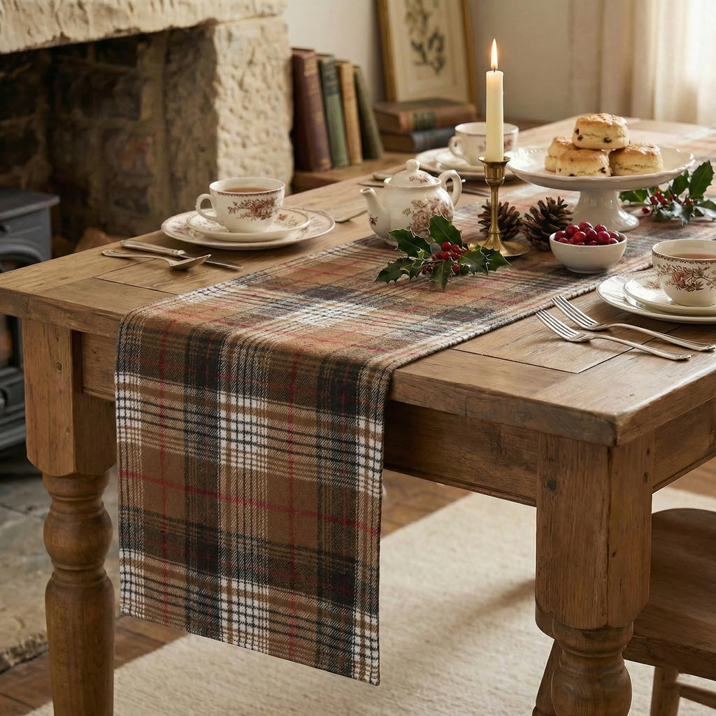 Coffee Brown Farmhouse Plaid Retro Fall Table Runner, Thanksgiving Rustic Holiday Check Kitchen Dining Table