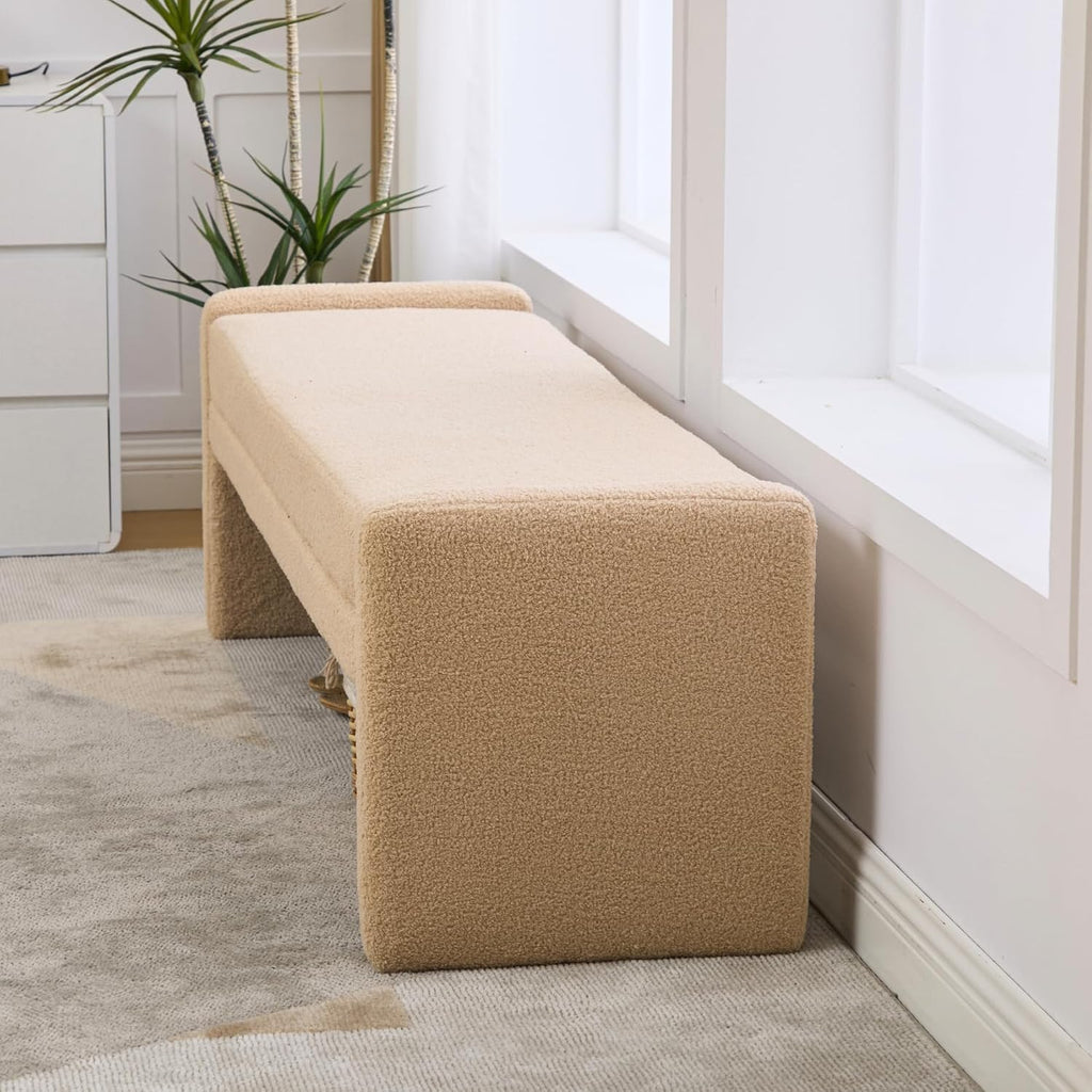 66.9" W Modern Boucle Shoe Bench King Size End of Bed Bench, Wheat. | Shoe Ottoman Upholstered King Size End of Bed