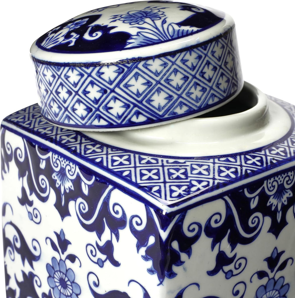 Decorative Square Ceramic Ginger Jar with Lid for Small Spaces, Blue and White