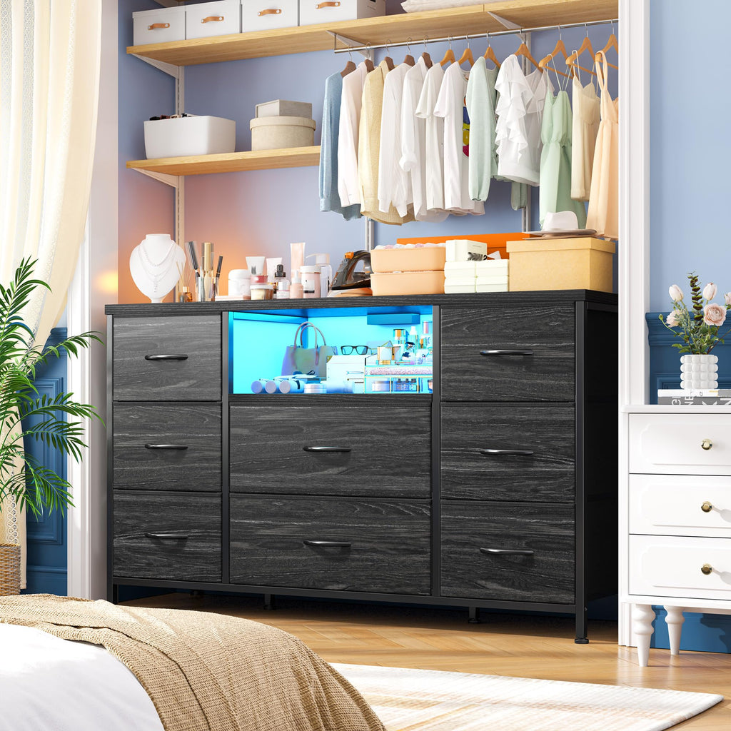 Dresser with LED & Charging Station, 8 Drawers Black