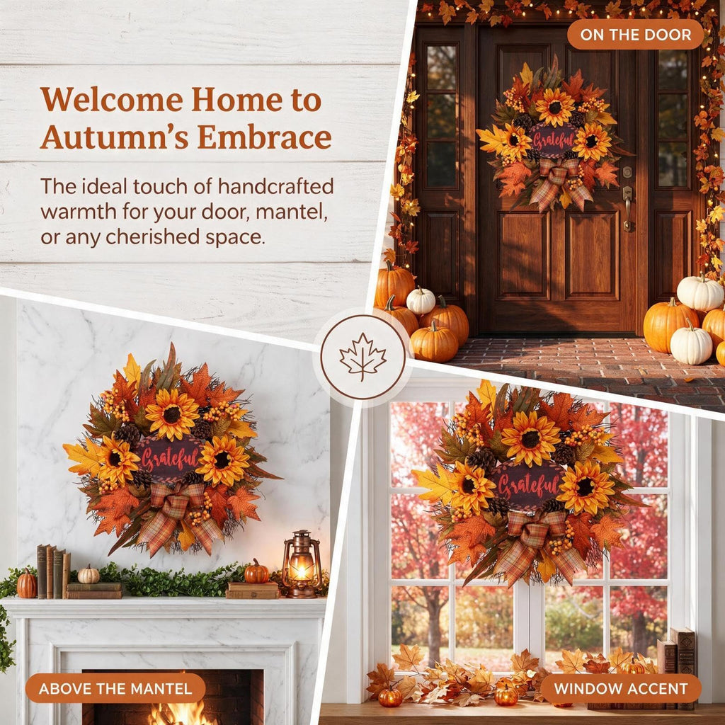 Fall Wreath for Front Door, Autumn Sunflower Wreath, Harvest Decor