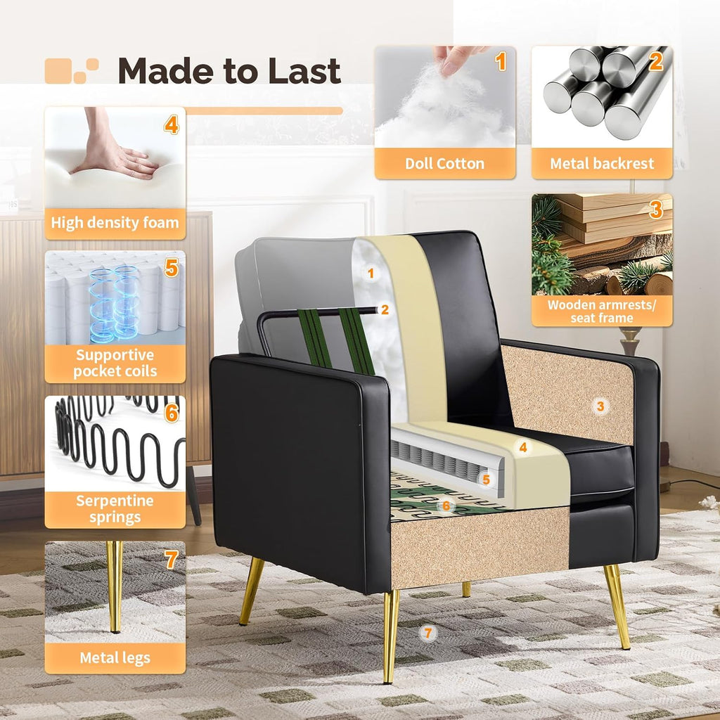 Faux Leather Accent Chairs with Gold Legs - Set of 2