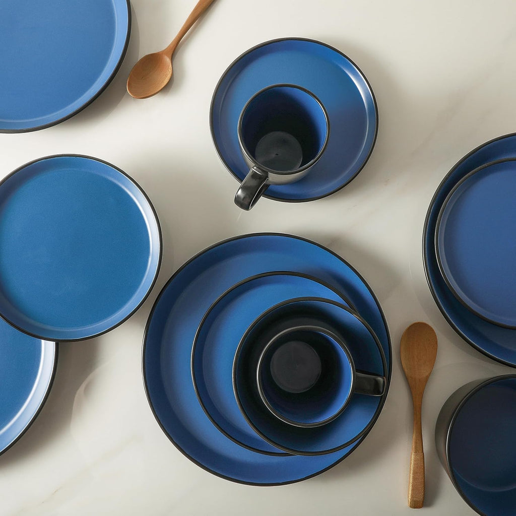 Albie Stoneware 16-Piece Modern Dinnerware Set, Kitchen Plates and Bowls Sets, Service for 4, Blue and Black