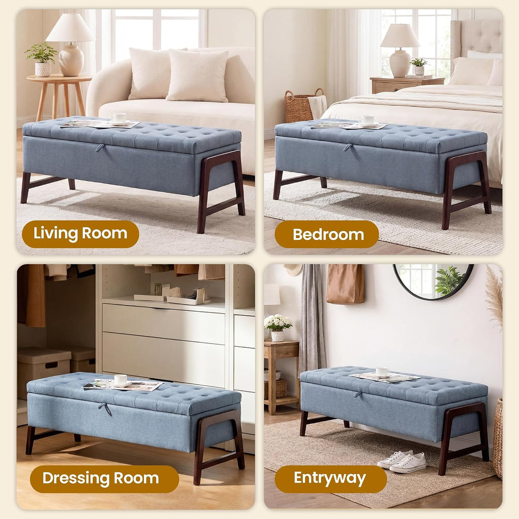 48" Storage Bench, End of Bed Bench with Button-Tufted, Upholstered Storage Ottoman Bench with Wooden Legs, Fabric