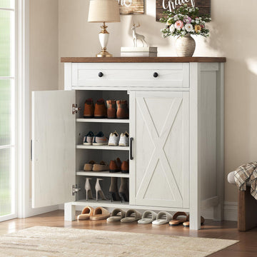 Farmhouse Shoe Storage Cabinet, 5-Tier High Boots Organizer with Adjustable Shelves, Large Drawer & Barn Doors