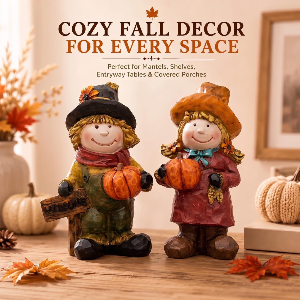 Fall Scarecrow Figurines Set of 2, Thanksgiving Pumpkin Decor