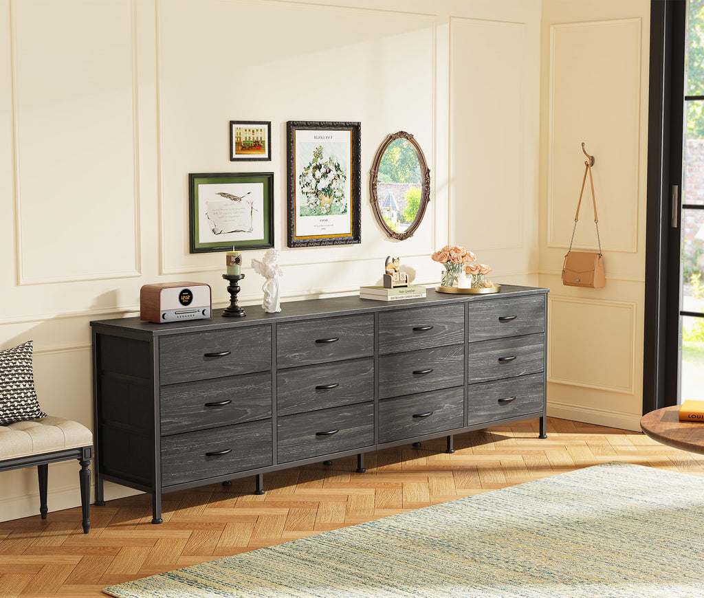 70 Inch Dresser, TV Stand for 65, 75, 80 Inch TV, 12 Fabric Drawer Long Dresser, Large Storage Organizer Unit, Chest