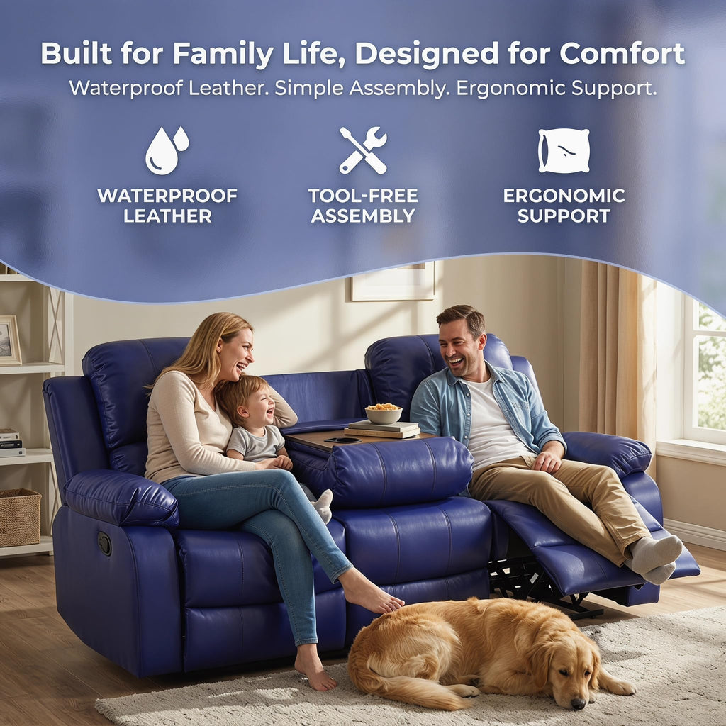 Faux Leather Recliner Sofa Set, Reclining Sofa Couch with Double Recliners, Blue Recliner Couch Set with Cup Holders