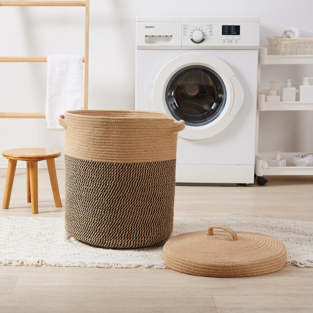Extra Large Storage Basket with Lid 60L, 16"Wx18"H Woven Laundry Hamper Basket with Handle, Jute Rope Wicker Basket
