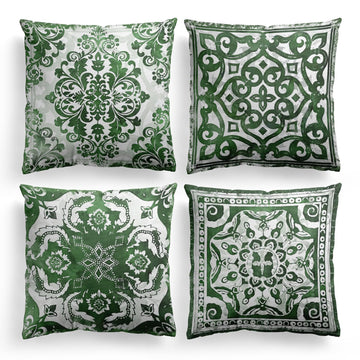Green Throw Pillow Covers 18x18 Set of 4 - Flannel, Decorative Chinoiserie, Boho Decor