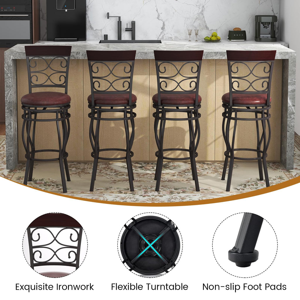 30 Inches Bar Height Bar Stools Set of 4, 360 Degree Swivel Retro Tall Metal Barstools with Leather Padded Seat and