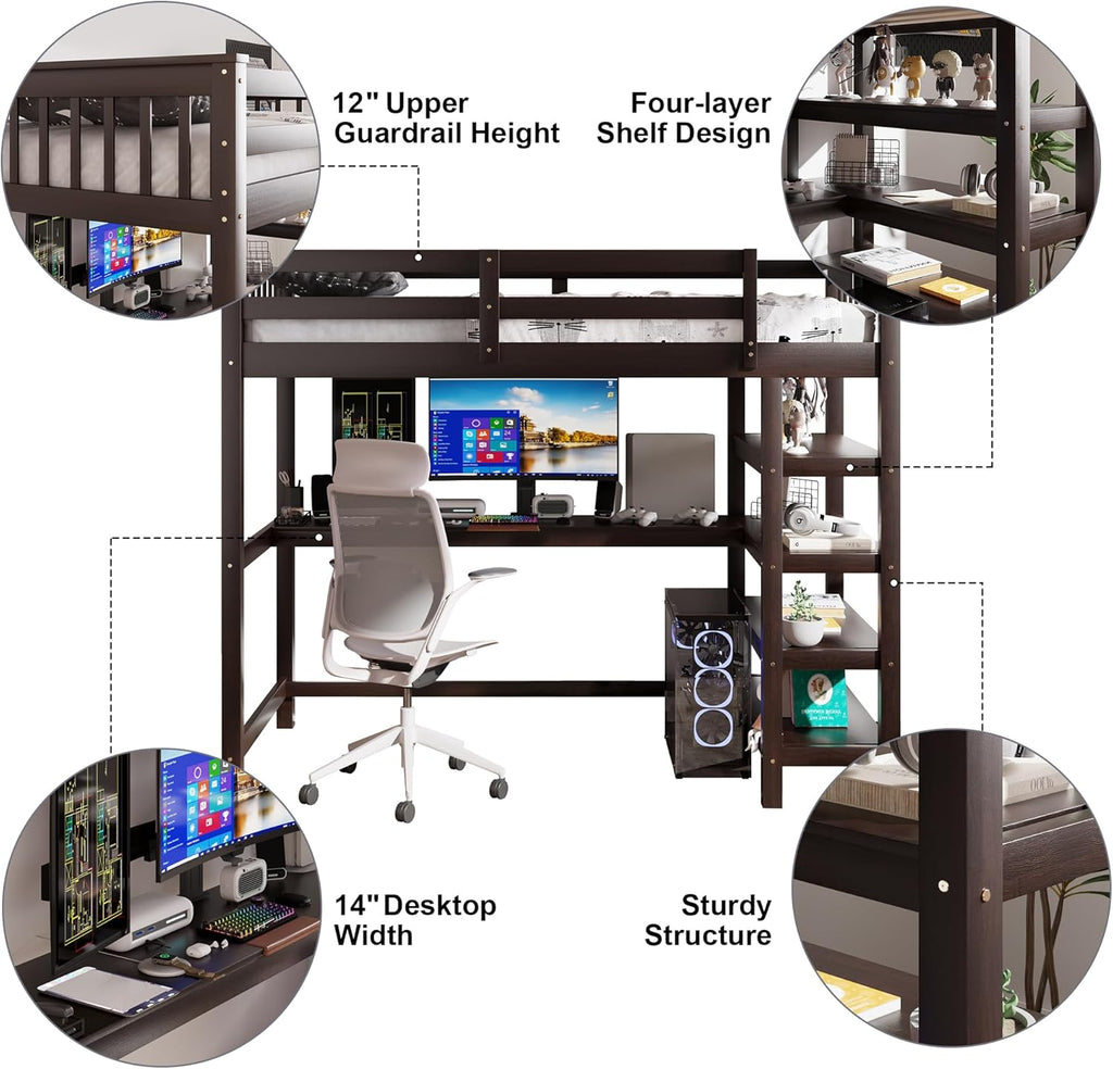 Wood Loft Bed with Desk and Shelves : Twin Bed with Storage Shelves and Under-Bed Desk, Twin Loft Bed, Espresso Color