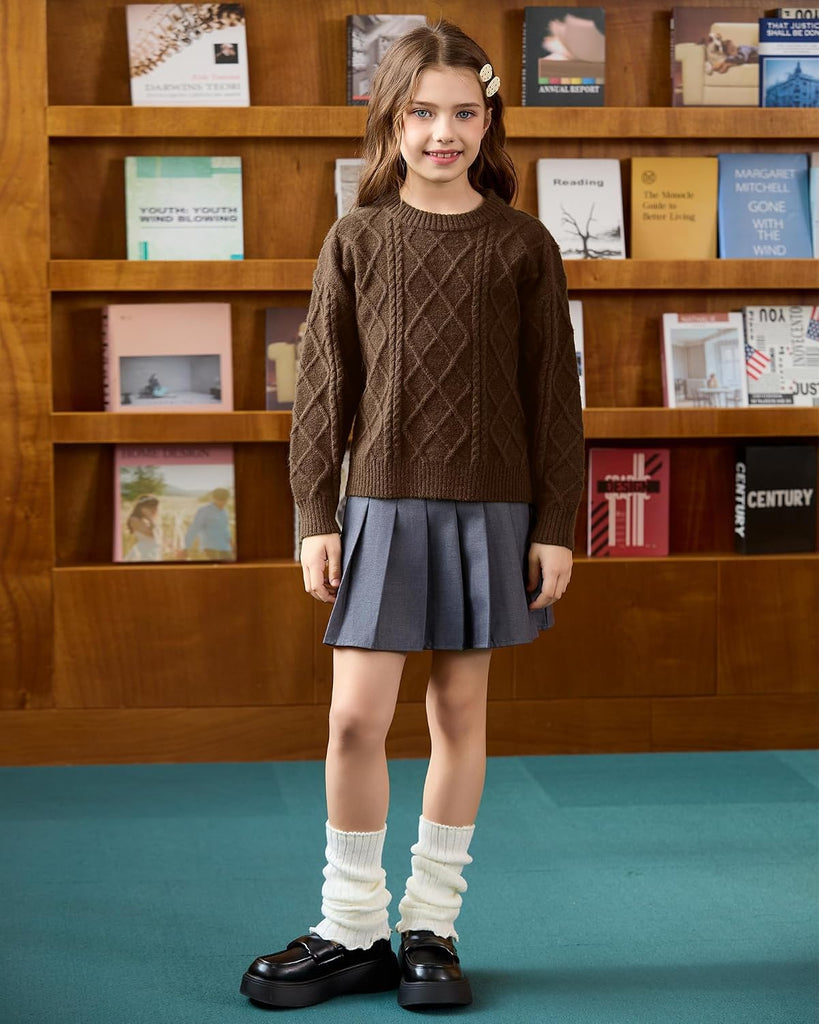 ‌Girls Crew Neck Sweaters, Cozy Knit Pullover Long Sleeve Tops for Fall Winter, Trendy Soft Teen Kids Sweater