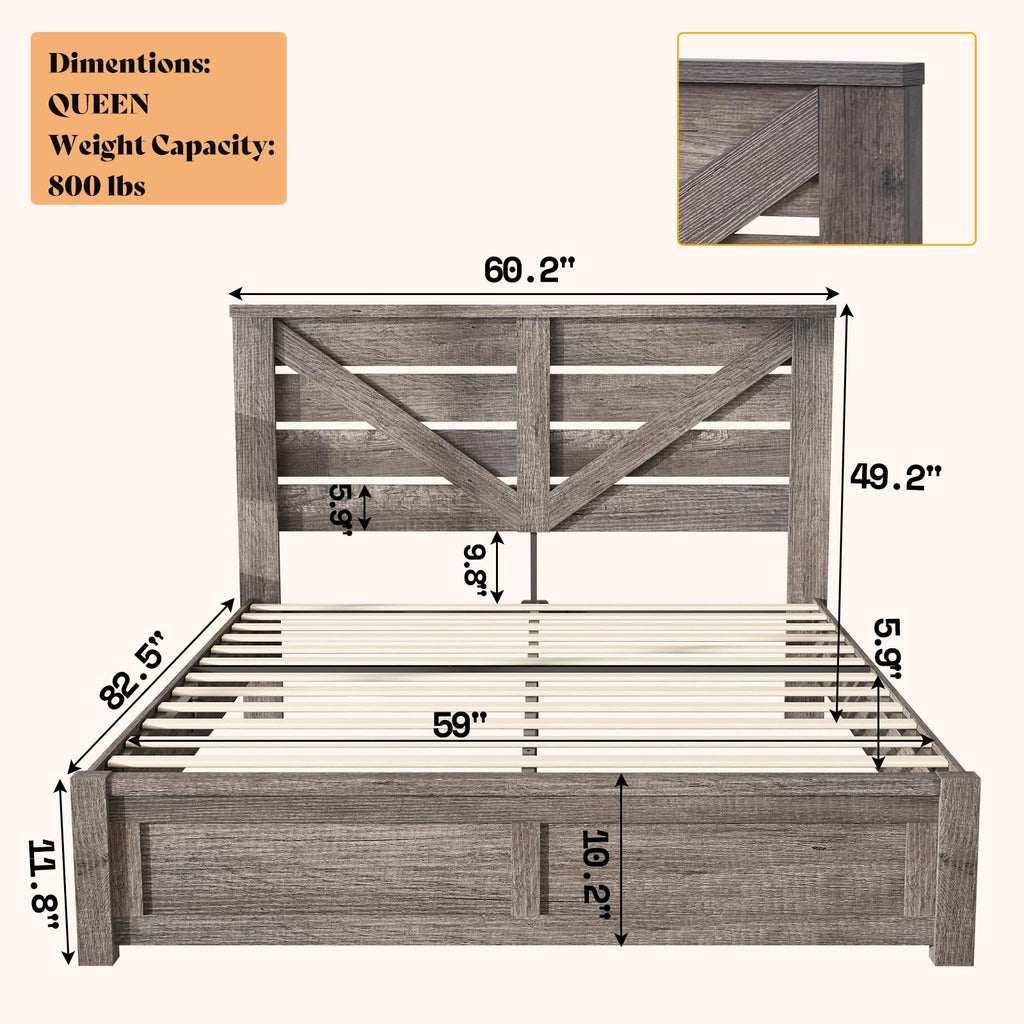 Farmhouse Bed Frame with 49.2"Barn Door Headboard, Gray