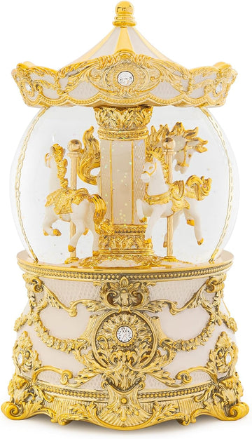 Carousel Music Box Gold & Ivory Christmas Snow Globes, 8.3" Rotate Carousel Snow Globe for Kids & Adults, Classic