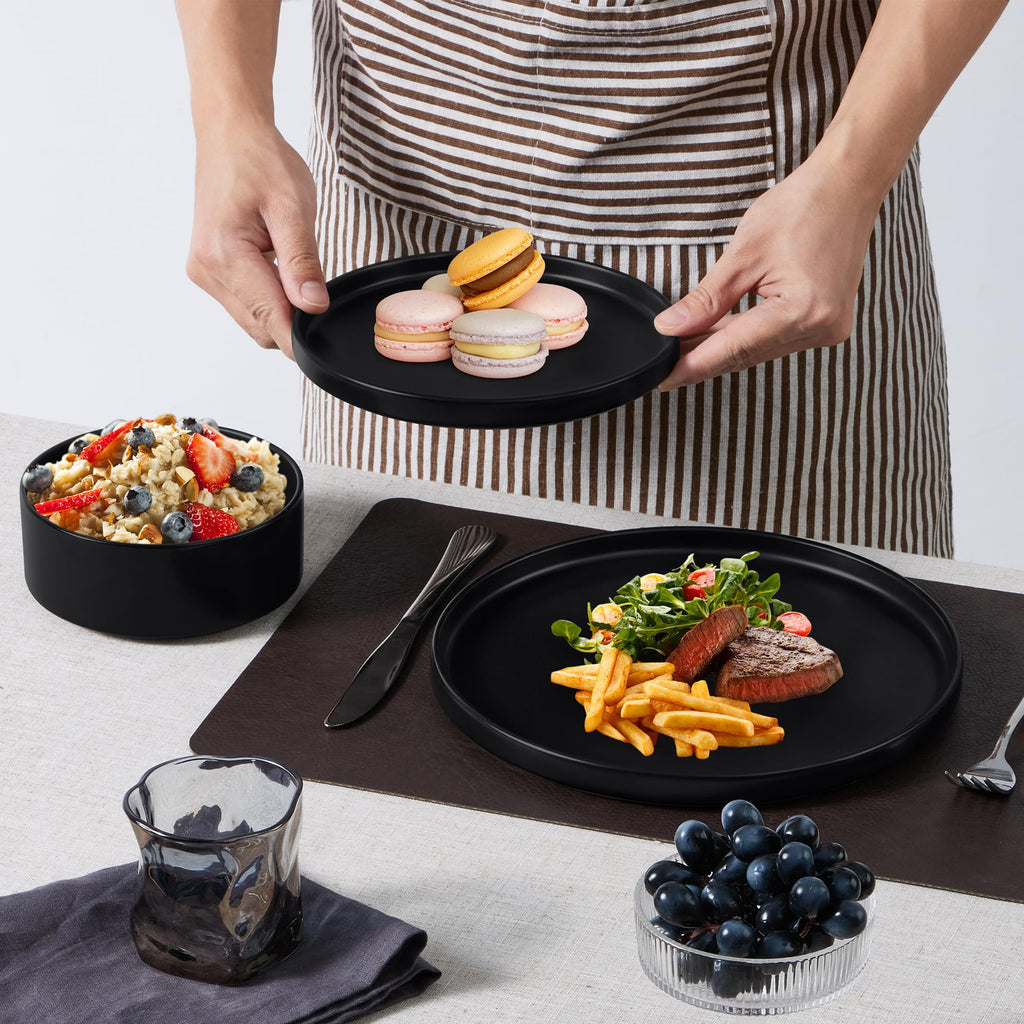 16-Piece Stoneware Dinnerware Sets with Pasta Bowls, Matte Black