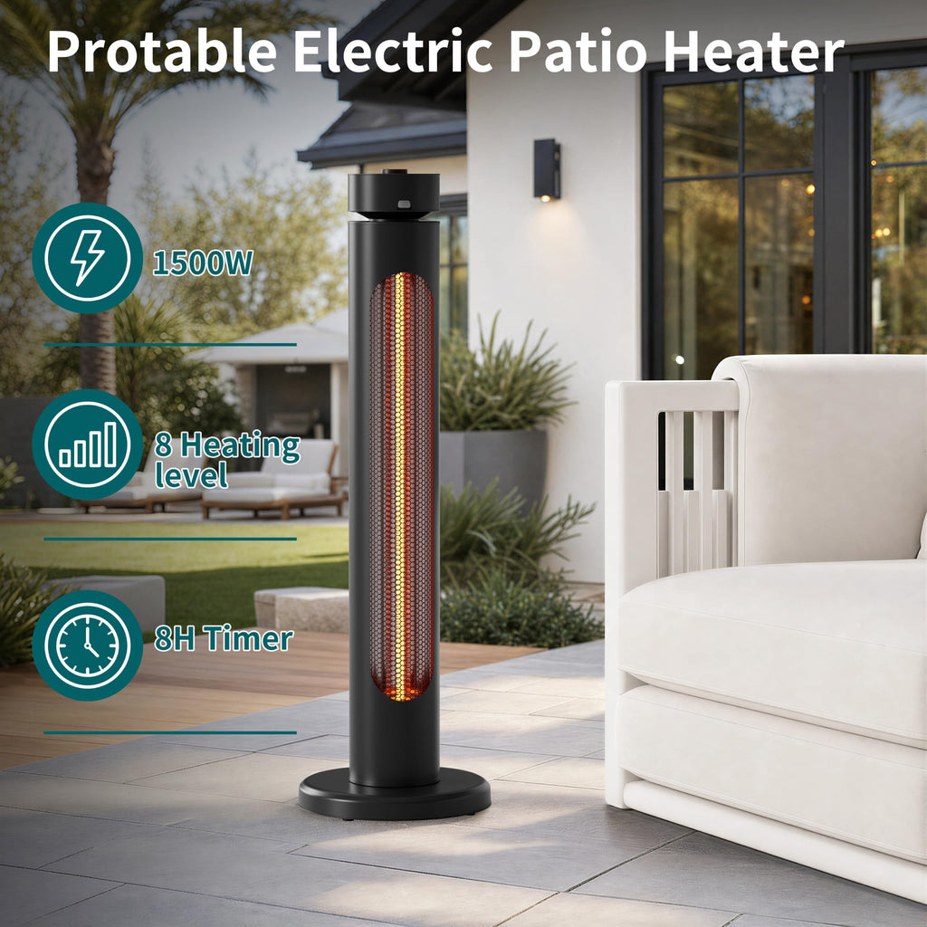 Electric Patio Heater for Outdoor Use, Infrared Heater with 8 Heat Levels, 60° Oscillation, Remote Control