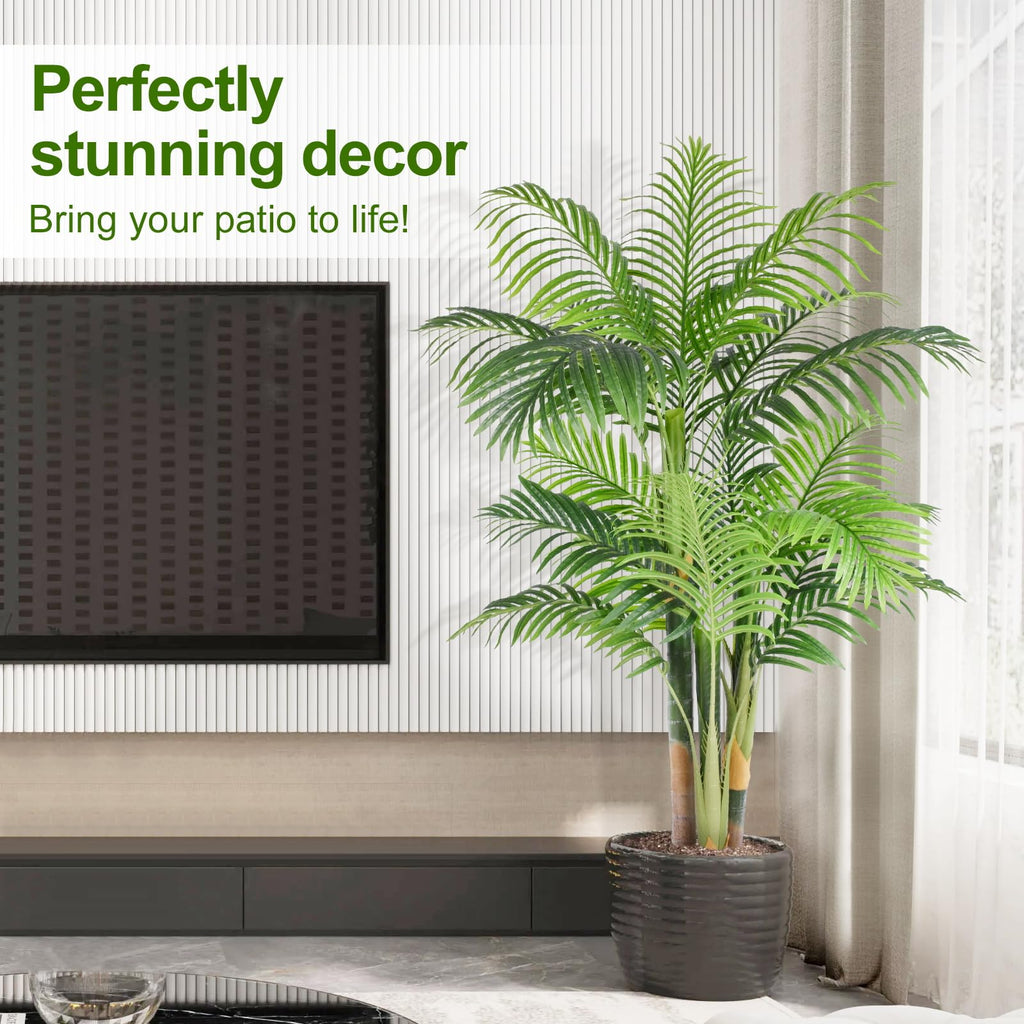5ft Tall Triple Golden Cane Palm Artificial Tree Large Tropical Palm Tree UV Resistant Fake Plant in Pot for Indoor