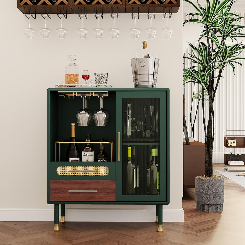 Modern Coffee Bar Cabinet with Pull-Out Wine Storage, Green | Bar Cart with Wine Glass Rack and Drawers, Liquor