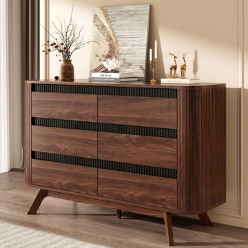 Fluted 6 Drawer Dresser, 47W x 31H, Modern Walnut Brown