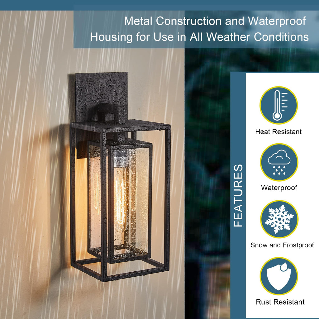 18"Ht Modern Industrial Outdoor Wall Light Fixture with Textured Black Anti-Rust Metal and Clear Glass, Wet Rated for