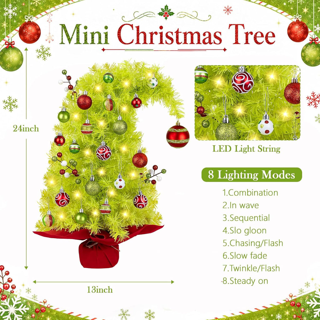2FT Whimsical Mini Christmas Tree with Lights Ball Berries 8 Lighting Modes