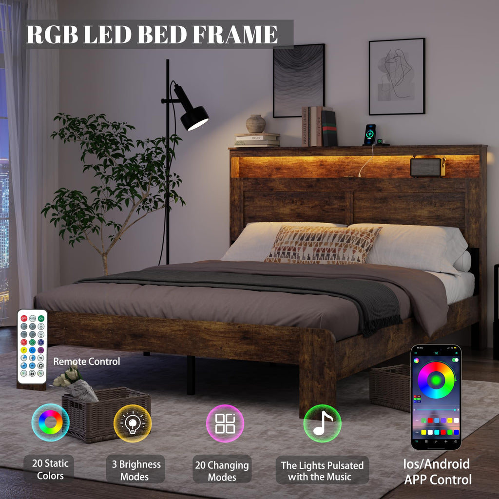 Queen Size Wooden Bed Frame with Headboard, Rustic Platform Bed Frame