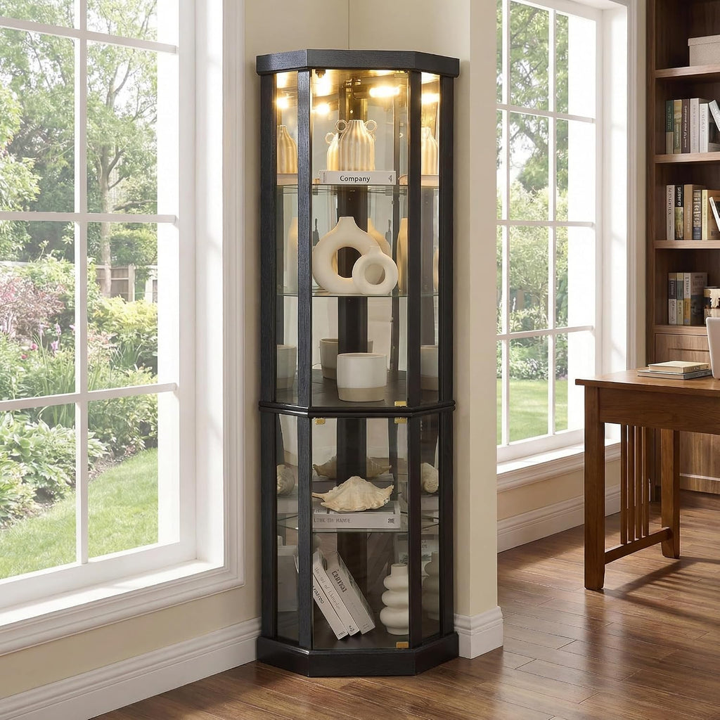 70" H Glass Display Cabinet, China Cabinet Dis, Black | 3-Side Glass Display with Customizable Shelves, Tempered