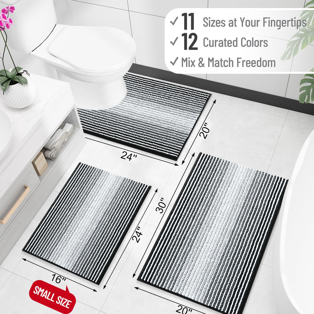 Bathroom Rugs 30x20, Soft Chenille Striped Bath Rugs, Black