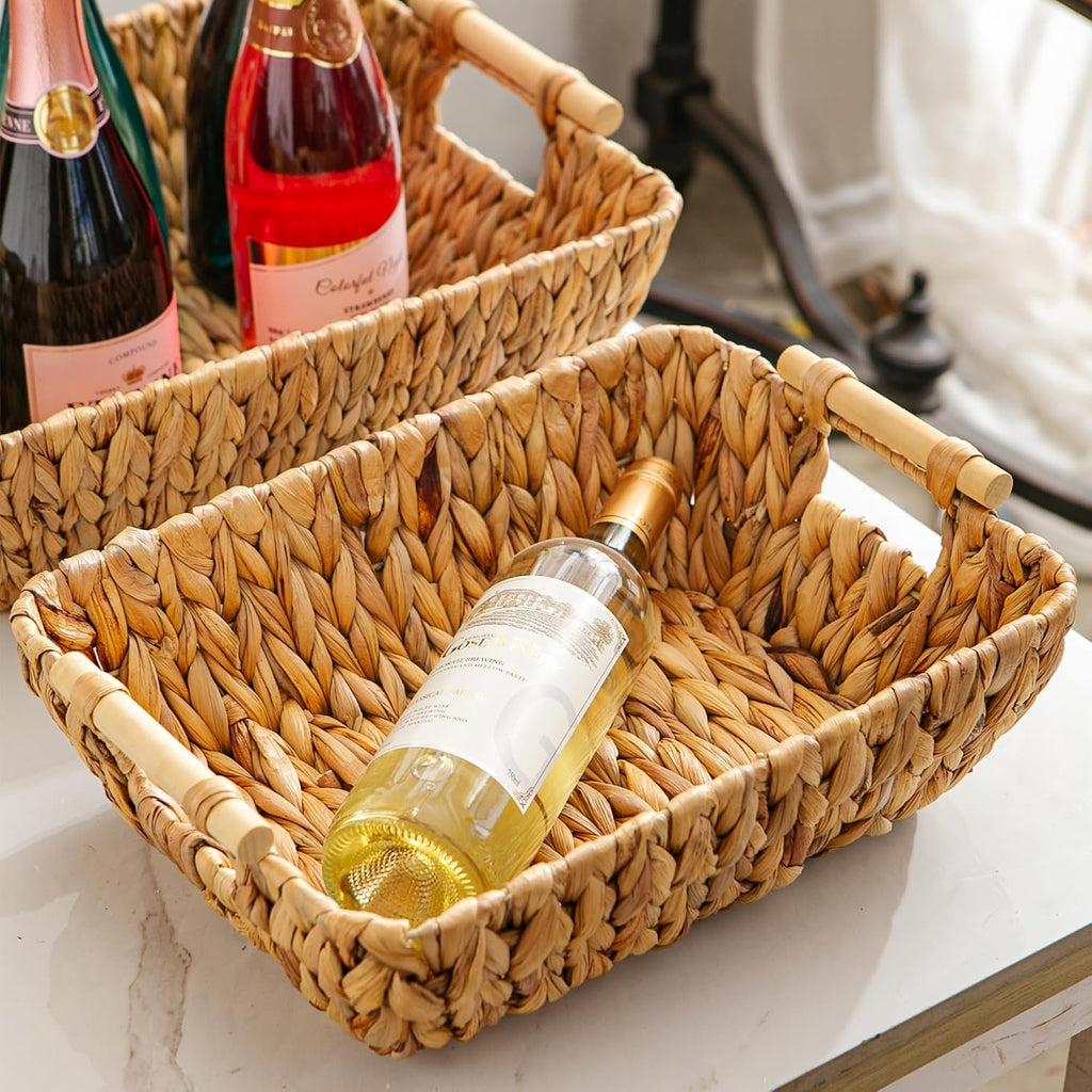 Woven Storage Baskets - Set of 3 Handwoven Water Hyacinth Wicker Baskets with Wooden Handles for Organizing