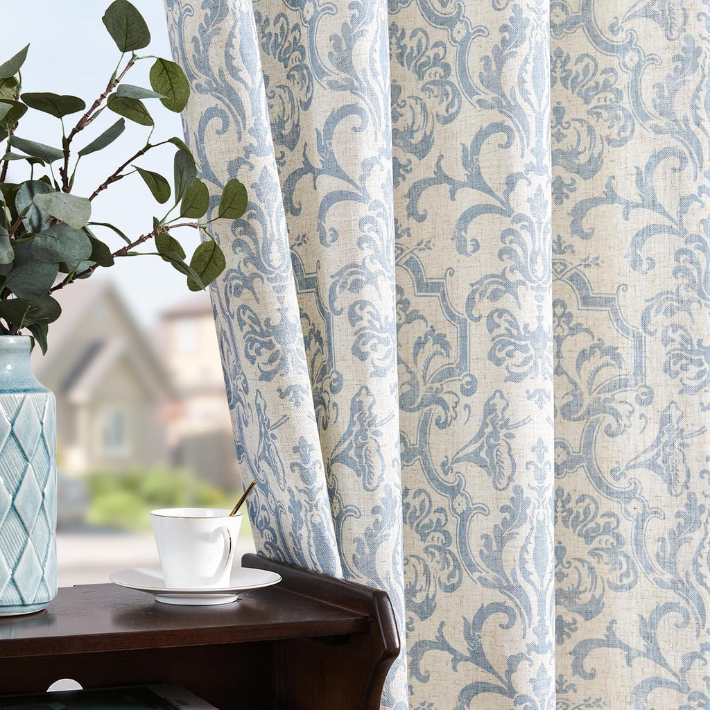 Curtains, Light Filtering 96 Inch Length 2 Panels Set, Baroque Style Linen Blend Drapes Living Room, Vintage Damask