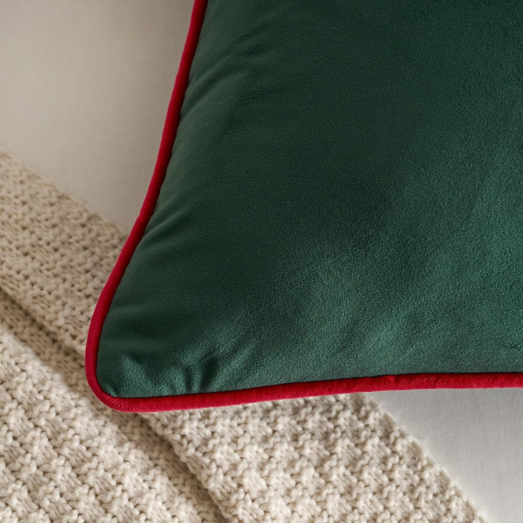 Christmas Dark Green Velvet Throw Pillow Covers Modern Minimalist Style Solid Decorative Red Rope Edging - Set of 2