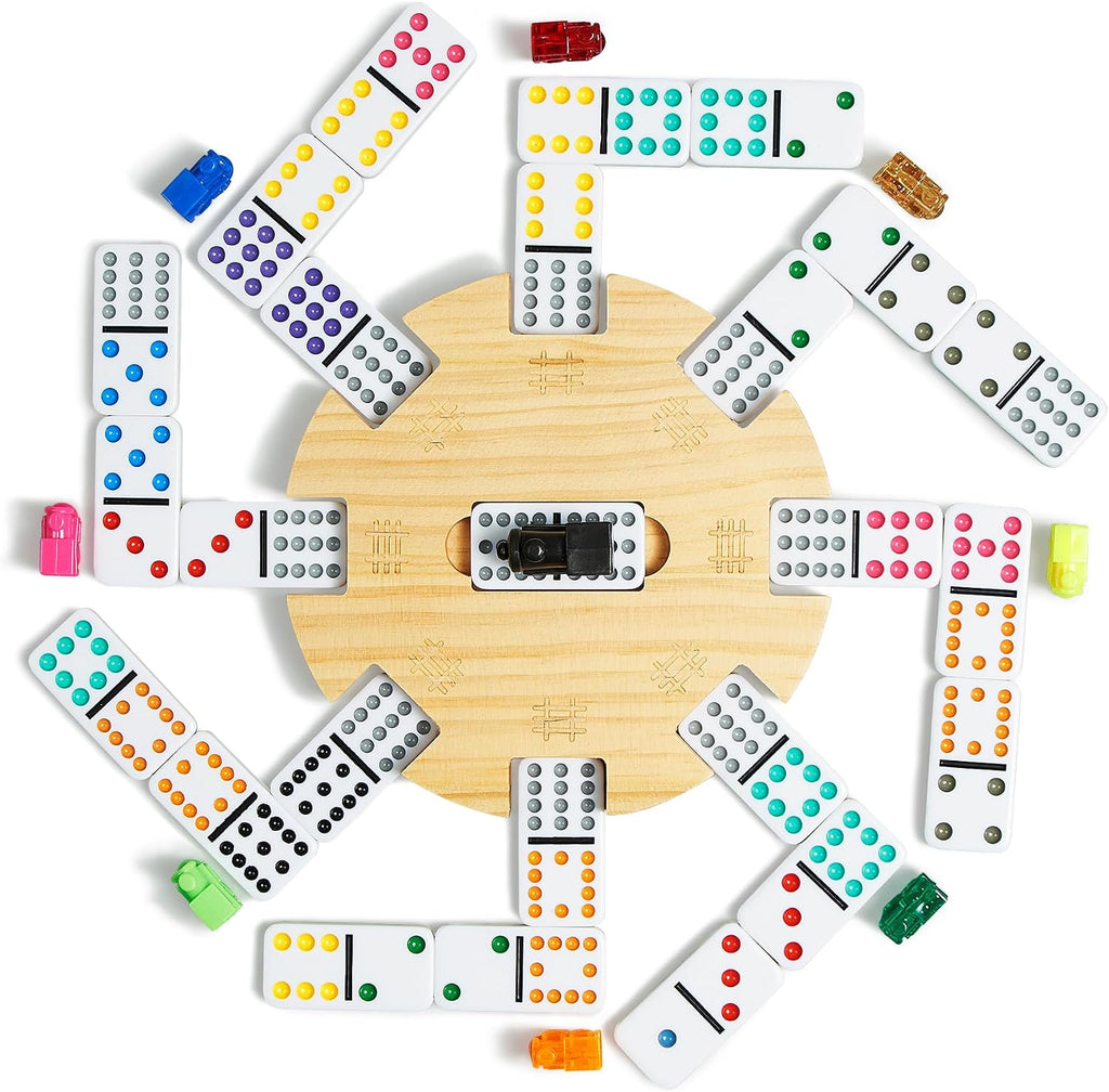 Mexican Train Double 12 Dominoes Set with 4 Wooden Trays/Racks in Portable Carrying Case Colorful 91 Tiles & 9 Trains