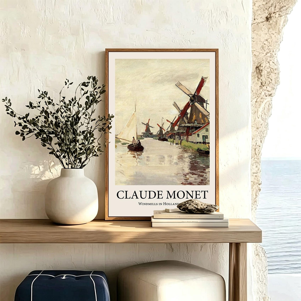 Windmills in Holland by Claude Monet Canvas Print, Dutch Windmill RiverLandscape Wall Art, 12x16 Inch
