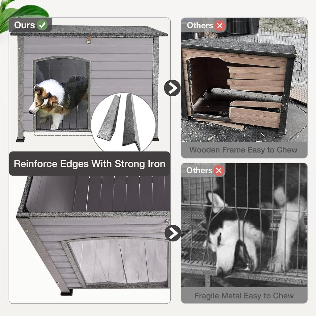 Dog House Outdoor Insulated Dog House for Small Medium Large Dogs, Natural Wood with Iron Frame, Waterproof Roof