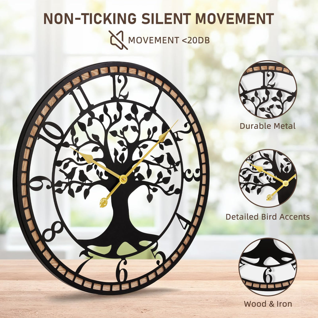 24" Farmhouse Bird Branch Wall Clock with Metal Tree Design