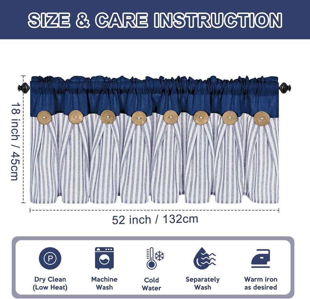 Farmhouse Valances for Windows, Boho Kitchen Curtains with Rustic Buttons, Blue Striped Valance, Cotton Linen Window