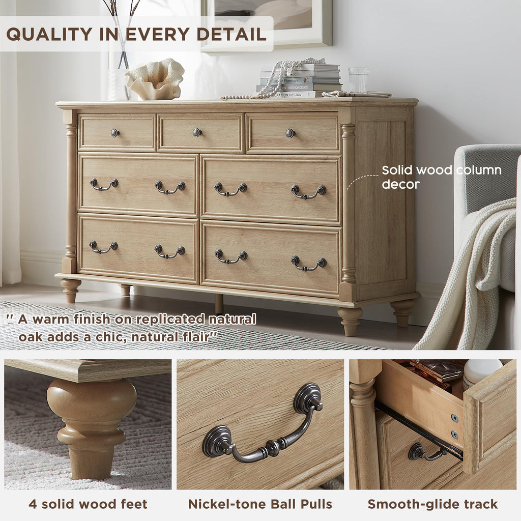 Farmhouse 7-Drawer Dresser with Solid Wood Feet, Natural Oak