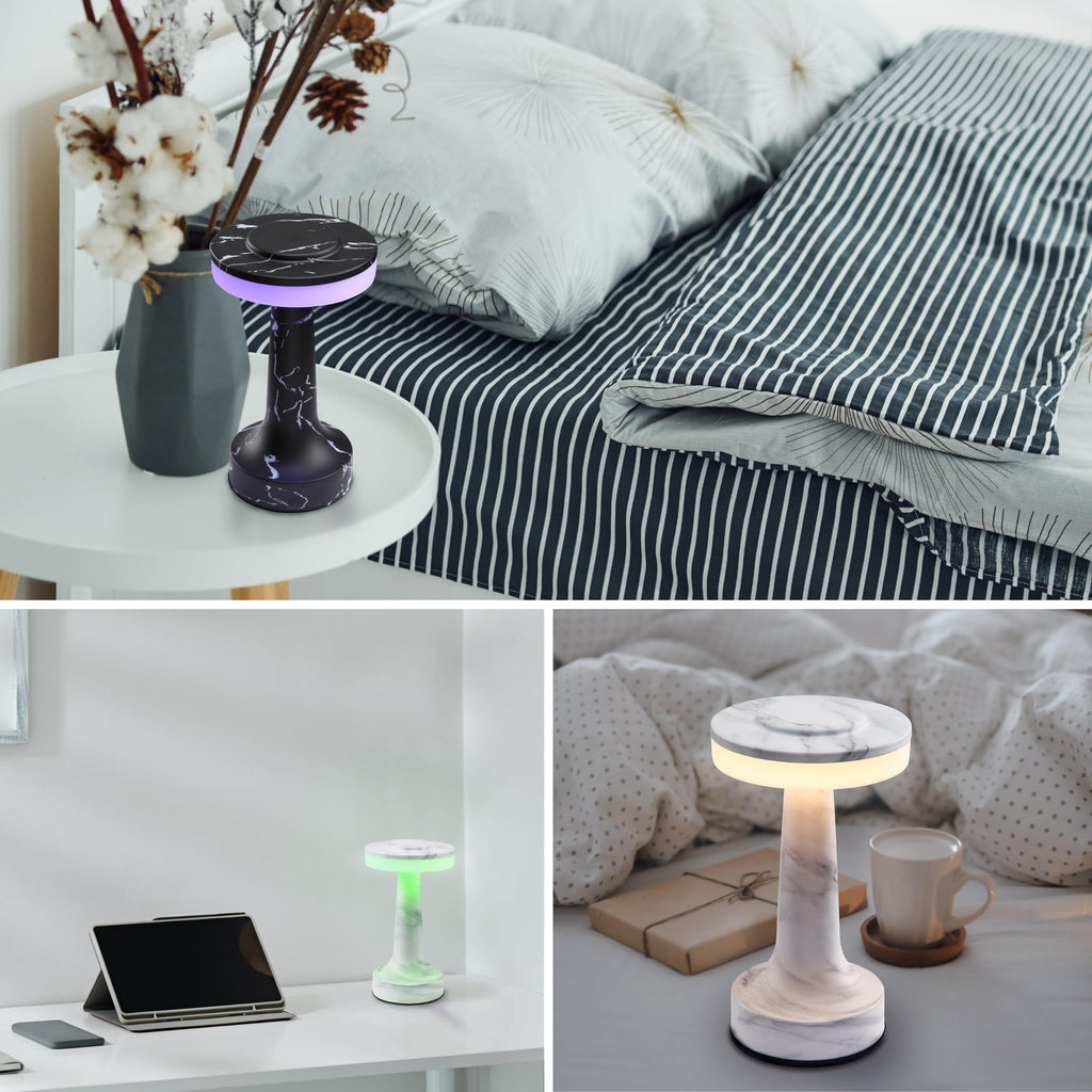 Dome Cordless Rechargeable LED Mushroom Table Lamp, White Marble