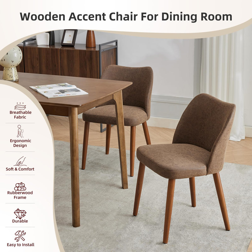 Leather Dining Chairs Set of 4 Upholstered PU Dining Chair with Wood Legs, Wing Backrest, Wooden Kitchen Chairs with