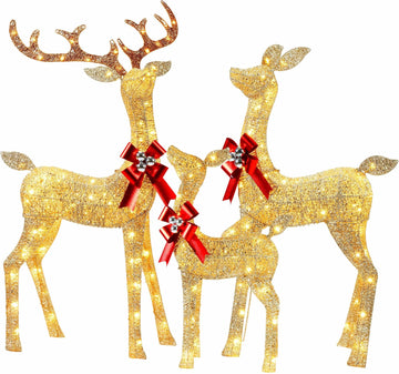 3D Christmas Reindeer Family, 3-Piece Holiday Pre-lit Glitter Deer